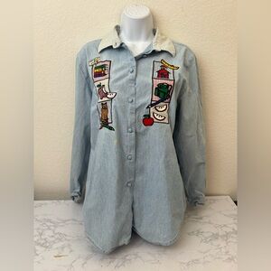 Vtg Karen Scott Embroidered Teacher Theme Denim Button Down Shirt Sz M Blue
